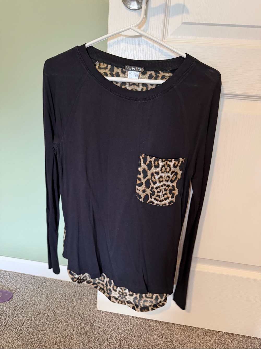 VENUS Black Long-Sleeve Top with Leopard-Print Pocket & Hem Trim